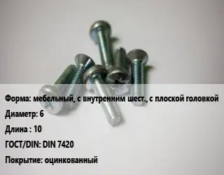 Винт мебельный, с внутренним шест., с плоской головкой 6х10 DIN 7420 оцинкованный